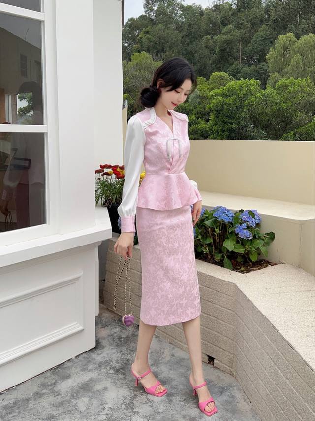 套装 新中式国风高级提花修身显瘦上衣 半裙套装b 码数:Smlxl